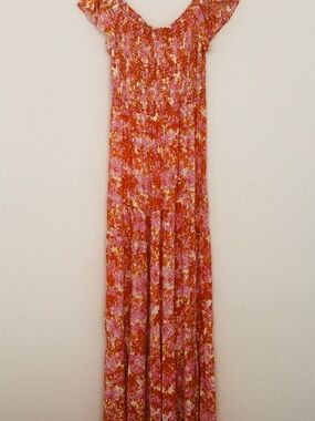 L*Space Large Floral Off-Shoulder Maxi Dress in Coral & Pink